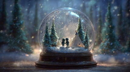 A snow globe with a couple standing in a winter wonderland, surrounded by snow and christmas trees