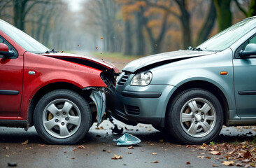 Naklejka premium Two cars collide in a traffic accident on a quiet autumn road with fallen leaves