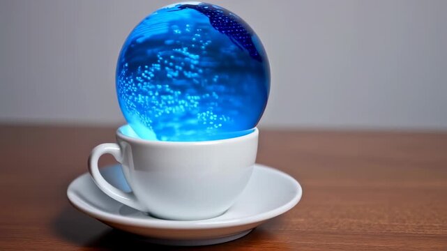 A blue glass globe representing the Earth sits atop a white teacup and saucer, on a wooden table