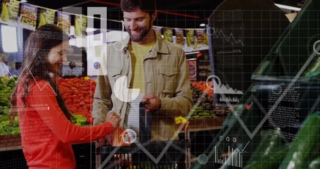 Couple grocery woman showing price label placing carrots man checking phone data rising over couple - Powered by Adobe
