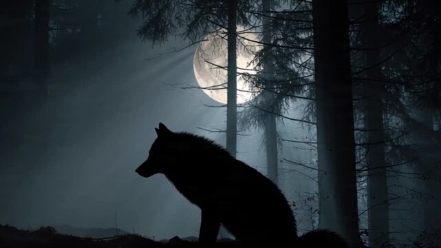 Silhouette of a wolf in the dark night, lit only by the light of the full moon, the shadows of the trees