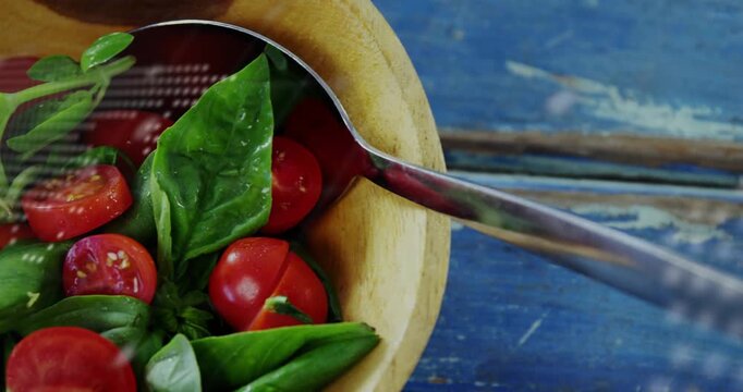 Dotted overlay starting sliding over salad bowl revealing basil tomato halves camera panning closer