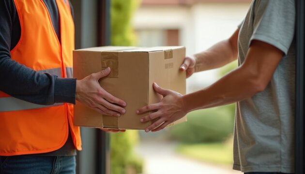 Delivery person in orange vest hands package to client at home entrance. Recipient receives parcel. Courier service transfer order. Fast express logistics. Consumer gets goods. Safe doorstep