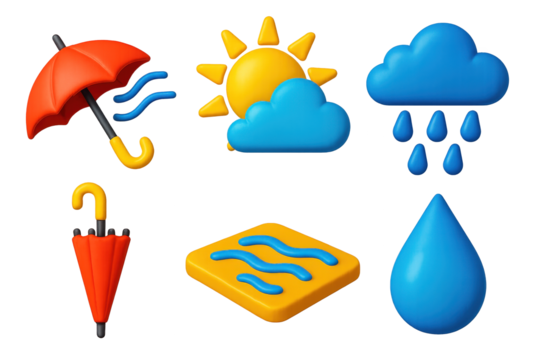 Vivid Weather Icons. 3D icon set of weather symbols: umbrella in wind, sun peeking through, cloudburst, folded umbrella, wet