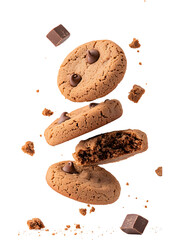 Floating chocolate chip cookies isolated on transparent background. Perfect for dessert, bakery, and sweet food design concepts.