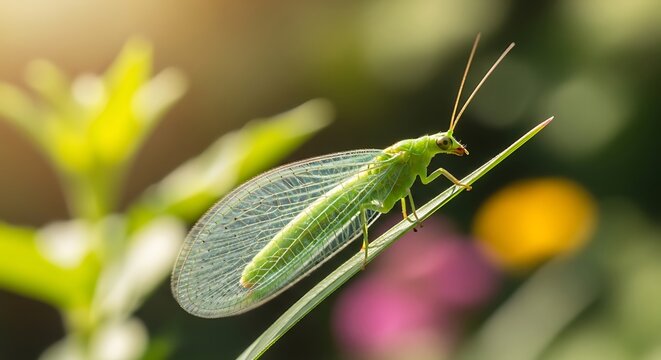 Delicate Green Lacewing Insect Perched on Blade of Grass
