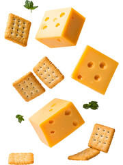 Floating cubes of cheddar cheese with crackers isolated on transparent background. Perfect for snack, dairy, and food design projects.