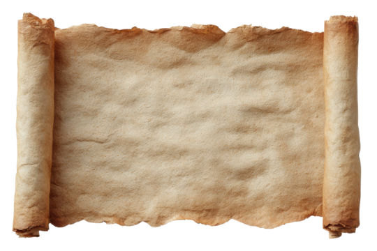 Aged parchment scroll unfurled with torn edges and textured surface paper, Isolated On Transparent Background, Png Cut Out