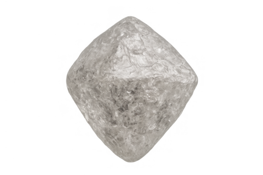 Rough white diamond mineral crystal gemstone octahedron with natural texture on transparent background, symbolizing wealth and luxury