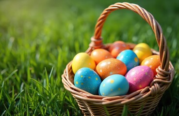 Bright painted Easter eggs fill woven basket on green grass. Vibrant colorful eggs ready for spring holiday celebration fun outdoor hunt on sunny day. Christian tradition, joy, family time.