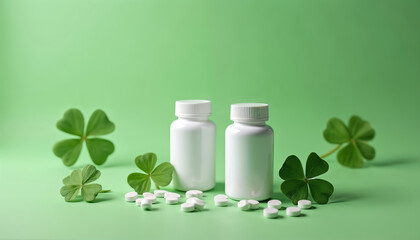 Two white pill bottles sit with scattered pills and clover leaves on a green background. Represents natural remedies, health supplements, or St. Patricks Day promotions for wellness products.