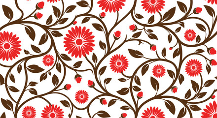 Vibrant red floral pattern with elegant brown vines for stylish designs