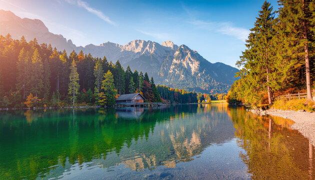 Clear alpine lake reflecting a wooden boathouse, vibrant autumn forest, and rugged mountain peaks under a bright sun. Tranquil nature scene.