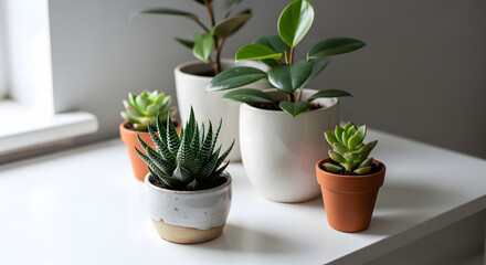 Obraz premium Stylish Potted Houseplants Collection on White Table Background