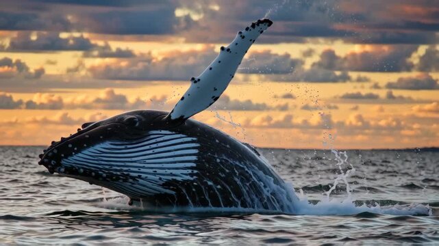 Majestic humpback whale breaching in the ocean at sunset with vibrant clouds in the background