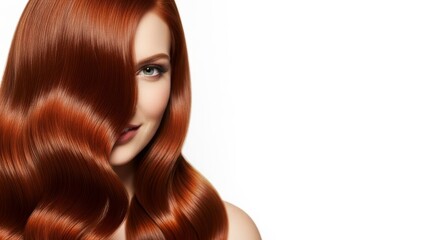 Beautiful woman with long, healthy, shiny red hair. Luxurious flowing hairstyle. Beauty portrait for hair care products, salon advertising, and hair color concepts.