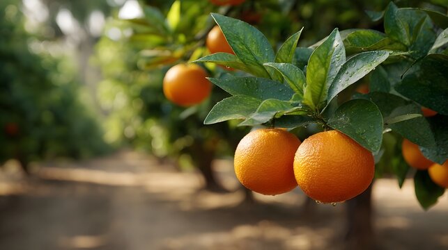 Sunlit grove with ripe oranges hanging from a branch fresh with dew drops - Powered by Adobe