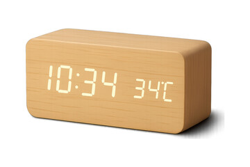 A sleek wooden digital alarm clock showing precise time and ambient temperature.