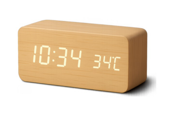 A sleek wooden digital alarm clock showing precise time and ambient temperature.
