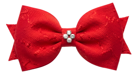 Elegant red textured bow with sparkling rhinestone embellishment on black background
