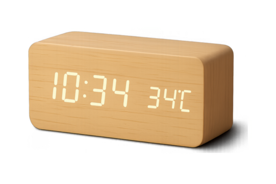 A sleek wooden digital alarm clock showing precise time and ambient temperature.