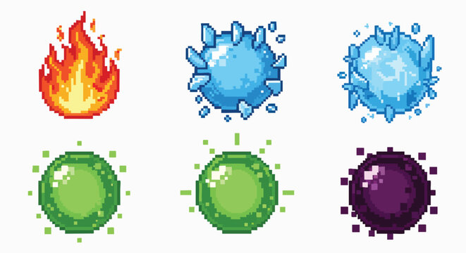 Pixel art game elements magic fire ice power ups vector illustration flat design sprite game asset 8bit retro gaming