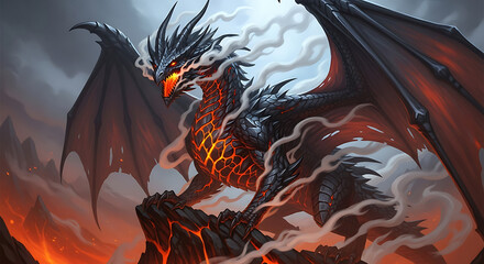 Majestic black dragon with fiery heart, a symbol of power, fantasy, and mythical legends perfect for thrilling games, book covers, and creative projects