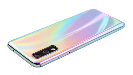 Iridescent smartphone back with camera module, isolated on transparent background