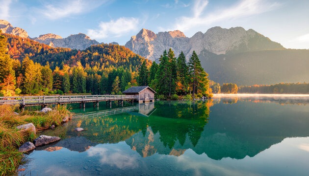 A small boathouse on a tiny island is perfectly mirrored in the still, misty alpine lake. Surrounded by sunlit autumn forests and majestic mountains. - Powered by Adobe