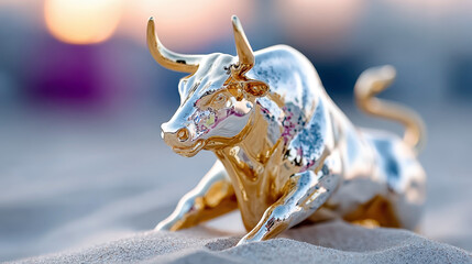 Golden bull statue with metallic surface reflecting warm light. Decorative art piece associated with prosperity and financial success.