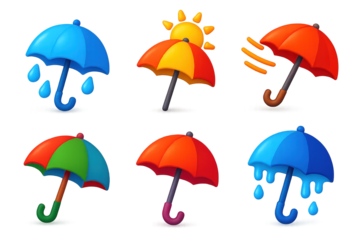 Seasonal Umbrella Icons. 3D icon set of seasonal umbrellas: spring shower umbrella, summer sunshade, autumn windproof umbrella,