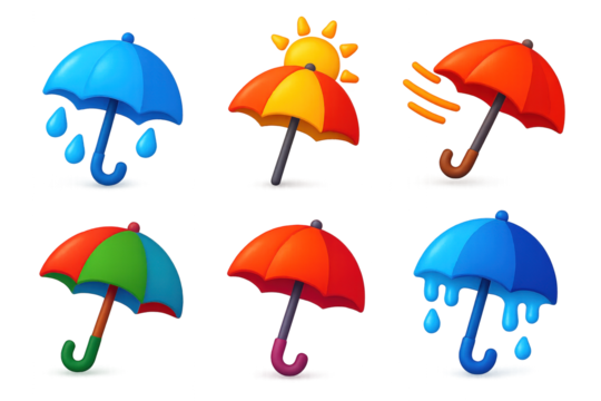Seasonal Umbrella Icons. 3D icon set of seasonal umbrellas: spring shower umbrella, summer sunshade, autumn windproof umbrella,