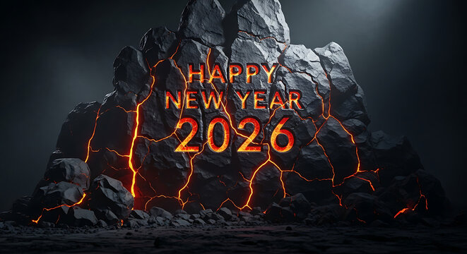 Happy New Year 2026 bold celebration on lava rocks, volcanic holiday greeting, fiery modern festive design, exciting futuristic year, dark rock, new beginnings