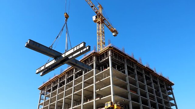 A crane lifts a steel beam onto a building under construction against a clear blue sky