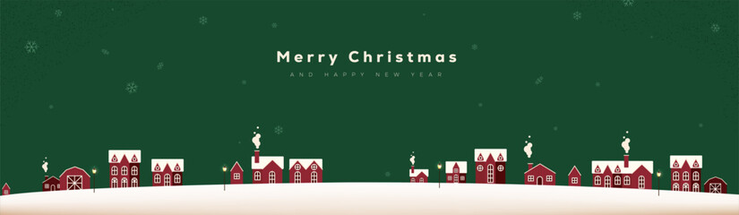 Christmas winter village landscape greeting banner with peaceful houses snowfall horizon and wide copy space for holiday message poster header card template and seasonal celebration design