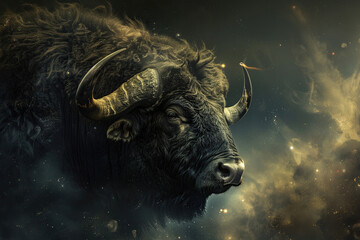 Concept of Taurus zodiac sign symbol, abstract vivid composition consists of fictional unreal fantastic vision on background