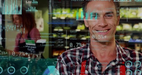 Red-aproned man opening arms smiling as camera panning, charts floating over produce showing sales