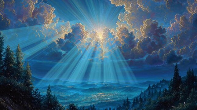 A sublime depiction of Jesus' descent, illuminated by a celestial, ethereal blue sky with brilliant rays of light, conveying profound spiritual majesty and divine grace.