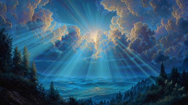 A sublime depiction of Jesus' descent, illuminated by a celestial, ethereal blue sky with brilliant rays of light, conveying profound spiritual majesty and divine grace.