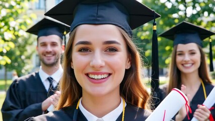 Graduates celebrating their academic achievements outdoors with diplomas in hand, smiling joyfully in caps and gowns