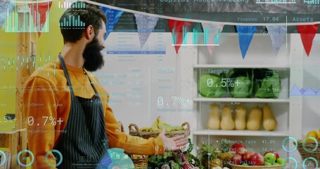 Vendor extending hand to present produce at stall, showing floating financial charts over vendor - Powered by Adobe