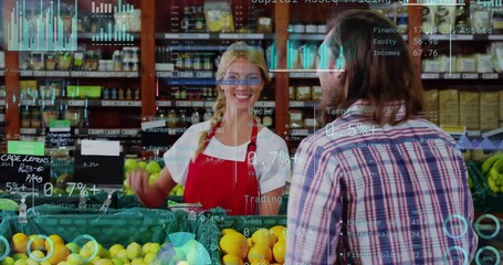 Male customer selecting orange at produce stall, vendor pointing, AR charts showing price to buy - Powered by Adobe