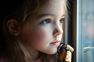 Young girl with robotic prosthetic arm gazes out the window, reflecting a moment of curiosity and resilience in her daily life