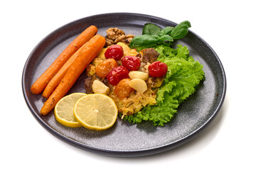 Gourmet Vegetable Plate with Carrots, Tomatoes and Lemon, isolated on white background