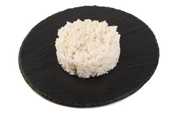 White Rice on Black Slate Plate, isolated on white background