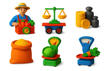 Market Measuring Icons. 3D icon set of market measuring scenes: farmer weighing produce, balance scale on cart, coin stack beside