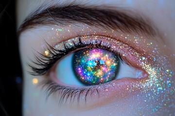 Eyes sparkle with cosmic colors resembling a starry sky