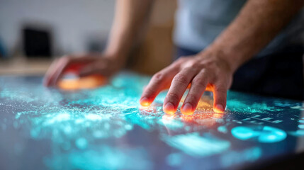 Businessman interacting with holographic dashboard for innovative technology solutions and futuristic business applications