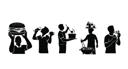 People enjoying delicious food and drinks in silhouette illustrations