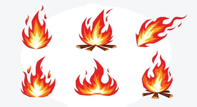 Set of stylized campfire and bonfire illustrations in vibrant warm colors representing energy heat and light for design purposes